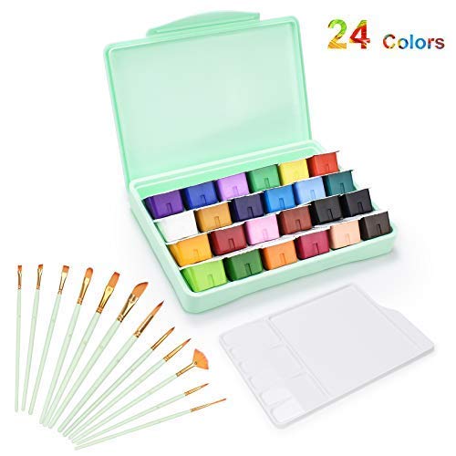 Miya HIMI Gouache Paint Set, 24 colores x 30 ml Diseño único de taza de gelatina, estuche portátil con paleta, pinturas no tóxicas para artistas, pintores de pasatiempos y niños (verde)