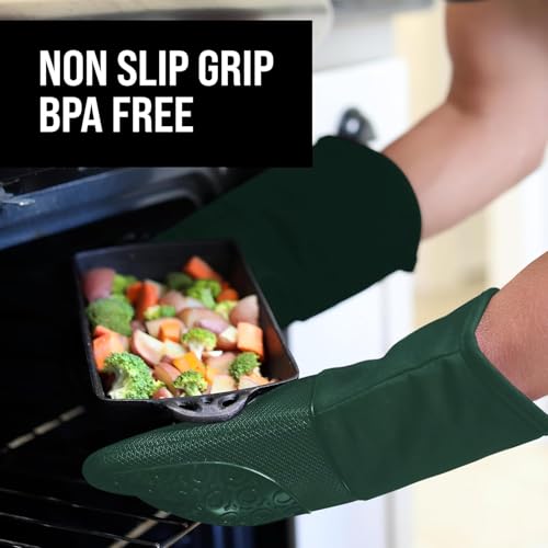 Image of BPA-Free Silicone Oven Mitts Ultra Heat Resistant up to 500F - Oven Mitts with Thick Cotton Liner - Long Slip Resistant Pot Holders, Flexible Oven Gloves - Green 13.7 inch
