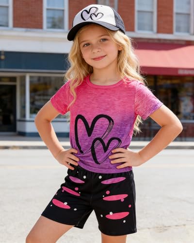 Image of Kids Girl Clothes Tie Dye Heart Print Short Sleeve Top and Shorts Toddler Girl Summer Outfits Short Set