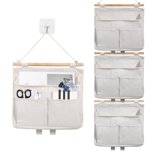 ZITUZY 4 Pieces Wall Hanging Storage Caddy Bag, Wall Hanging Storage Bag with Wooden Sticks, High Capacity Wall Hanging Storage, for Fmily, Offices, RV Suspension Storage (Beige)