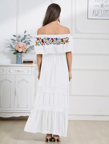Image of ABEHIK Mexican Dress for Women Traditional Off Shoulder Embroidered Present Casual Lace Long Maxi Dress Cinco de Mayo Outfit