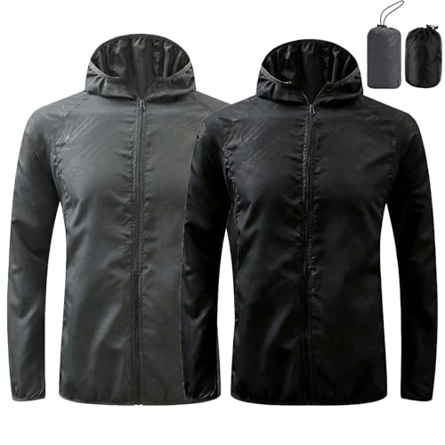 Image of Youkly 2 Pcs Men's Lightweight Waterproof Jacket with Pockets Packable Hooded Raincoat Sun Protection Windproof Rain Jacket for Travel, Running & Hiking (UK, Alpha, M, Regular, Regular, Black+Grey)