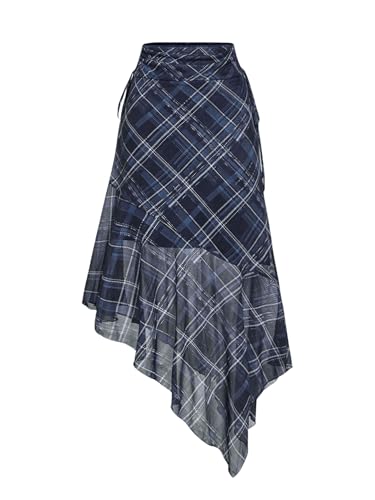 MakeMeChic Women's Plaid Skirts Asymmetrical Mesh Skirt Ruched Ruffle Midi Skirts