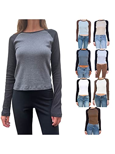 Women´s Y2k Long Sleeve Crop Top Contrast Color Pullover Crew Neck Slim Fit Blouse Tops E Girl Streetwear4