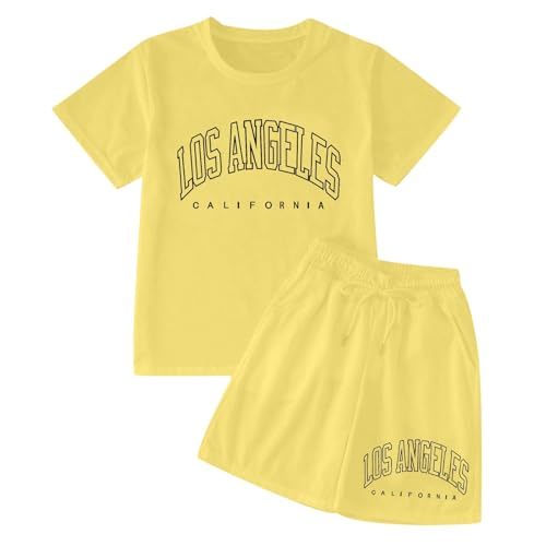 Girls Summer Outfits Los Angeles Letter Print Graphic T Shirts and Drawstring Shorts Casual 2 Piece Clothing Sets 3-14 Years2