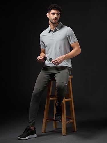 Image of TECHNOSPORT Men's Solid Slim Fit Polo Collar T-Shirt COTFLEX Half Sleeve Button Polyester for Gym Running Workout UPF50+ Anti Odour
