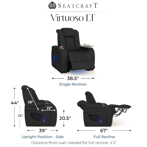 Image of Seatcraft Virtuoso LT Black Italian Leather Home Theater Seating, Zero Gravity Power Recliner, Powered Headrest and Lumbar Gaming and Home Office Chair, Heat and Massage Lounge Sofa, Single Recliner