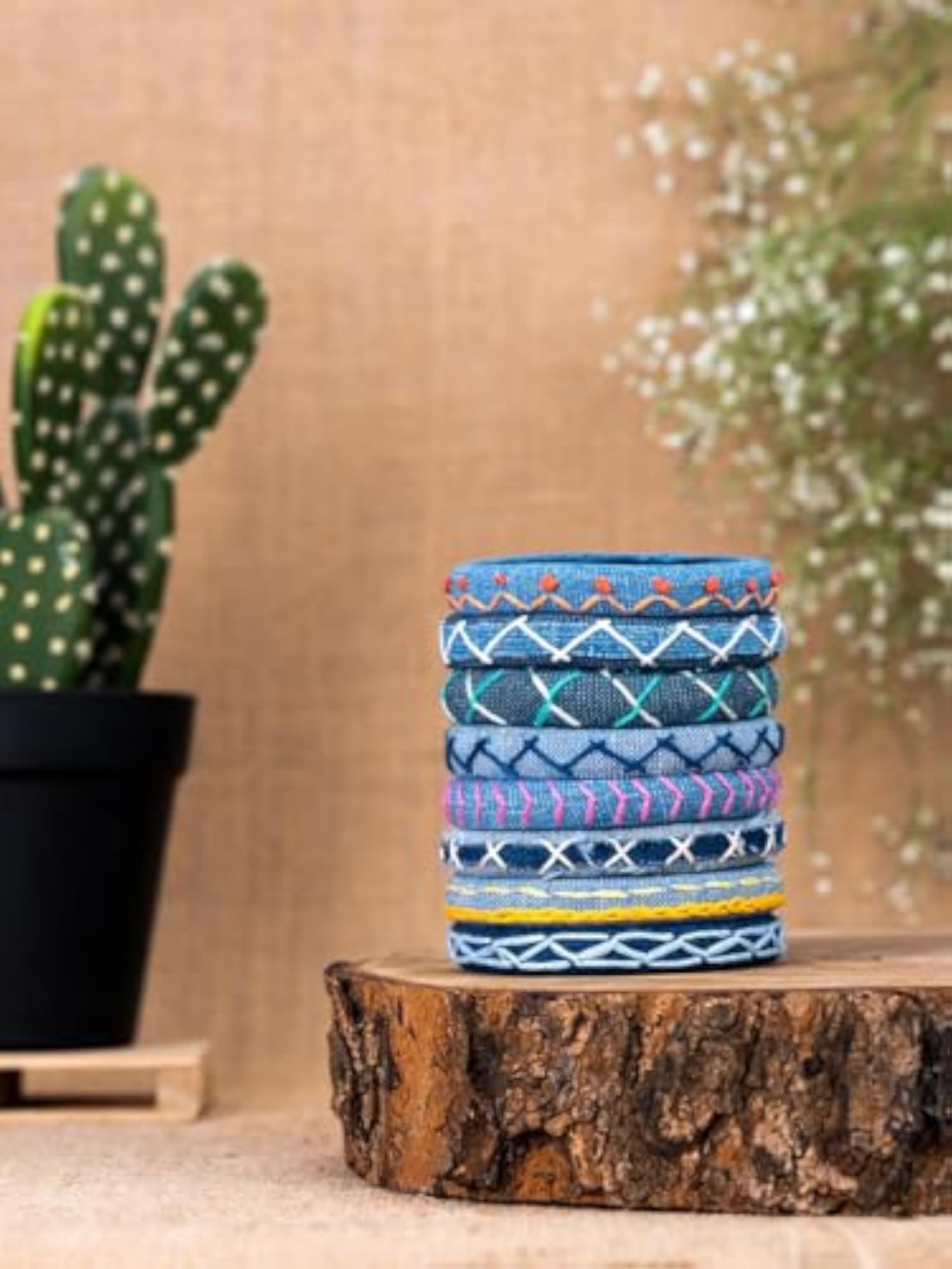 8pc Colourful Kantha Work Denim Bangles Set for Women & Girls