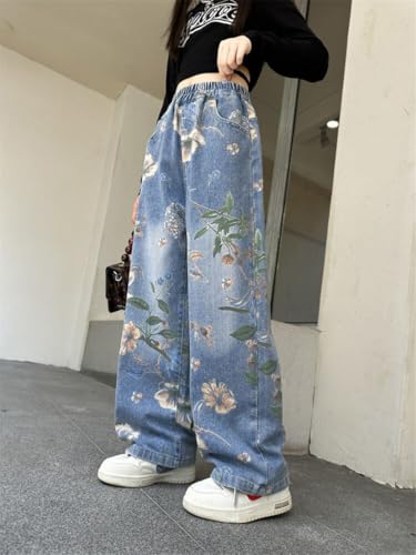 Kids Girls Jeans Elastic Waist Streetwear Denim Baggy Wide Leg Jeans Straight Pants2