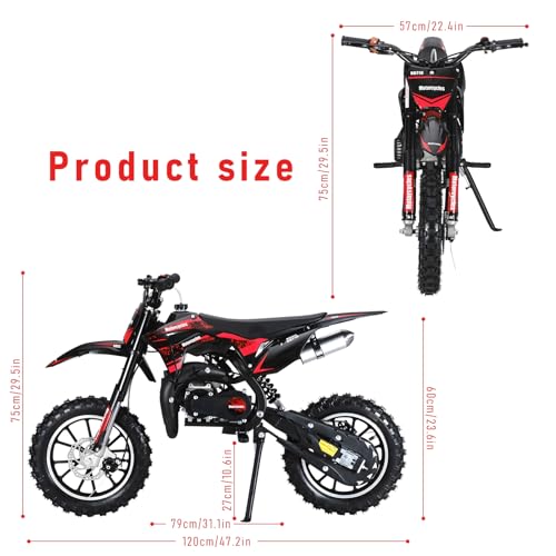 Image of 50CC Kid Dirt Bike, Gas Powered Mini Motorcycle for Kids 8-14 | Up to 35 MPH 330LBS Capacity with Front & Rear Disc Brakes, 10-Inch Off-Road Tires, Pull Start for Youth & Adults Red