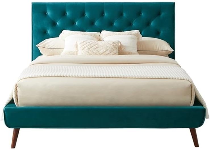 ASHCROFT Alice Mid-Century Modern Velvet Upholstered Platform Bed Queen Size in Turquoise