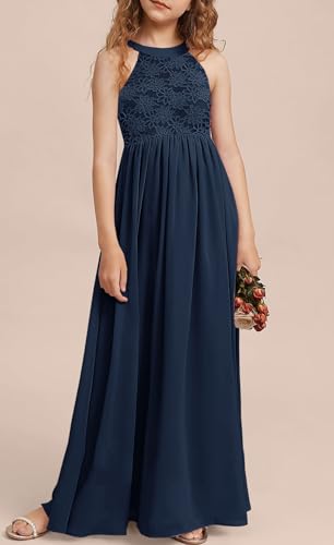 HOSIKA Girls Halter Neck Sleeveless Elegant Lace Chiffon A-line Long Flower Girl Dress for Wedding Party 6-12 Y3