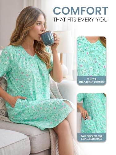 Image of Casual Nights Women's Snap - Front House Dress Short Sleeve Woven Housecoat Duster Lounger Robe with Pockets