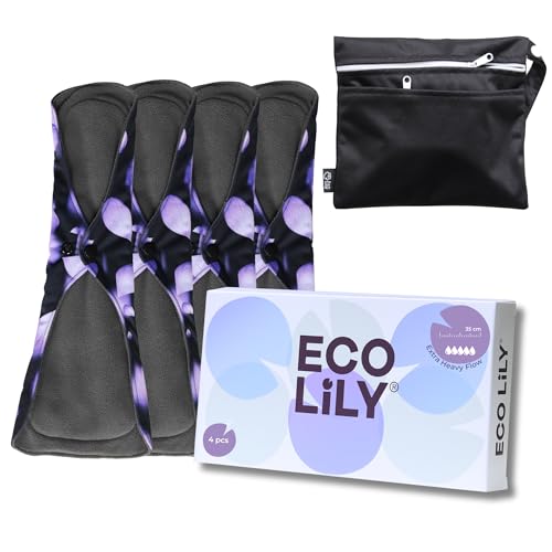 Eco Lily® Almohadillas sanitarias reutilizables, toallas sanitarias, almohadillas de período a prueba de fugas, almohadillas de bambú de carbón que absorben los olores (4 unidades (flujo extra pesado)