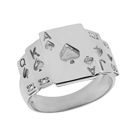 Men's Sterling Silver Diamond "Ace of Spades" Royal Flush Poker Cards Ring (Size 8) Cover