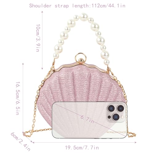 Image of Glitter Seashell Evening Clutch Purse Mini Chain Crossbody Bag Pu Leather Shell Pearl Shoulder Bag