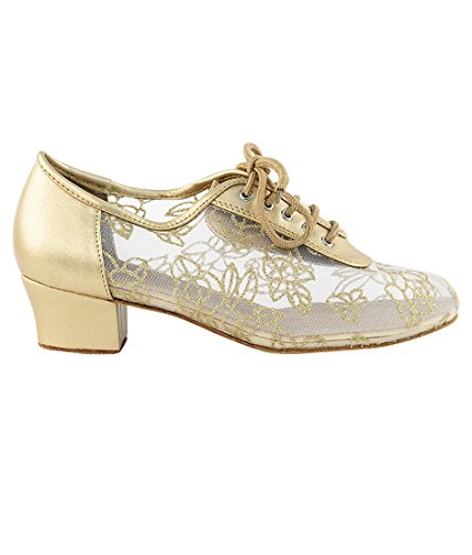 Very Fine Dance Shoes - Ladies Practice, Cuban Low Heel Ballroom Dance Shoes - 2002-1.5-inch Heel and Foldable Brush Bundle - Light Gold Leather - #79 Mesh - 92