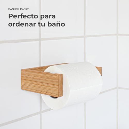 danhol® Juego Accesorios baño | Accesorios baño sin Taladro (Adhesivo) | Set de baño de 4 Piezas | Toallero + 2 Ganchos + Portarrollos Papel higienico Madera Bambú - imagen 5