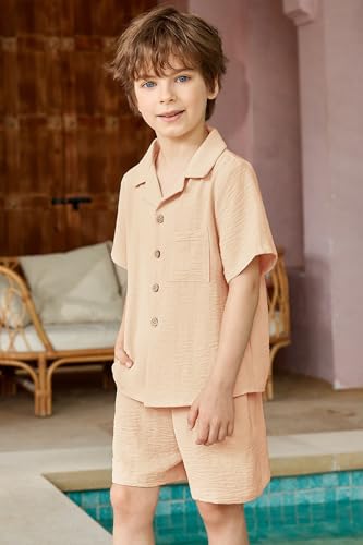 Image of Arshiner Boys 2 Pieces Summer Beach Outfits Short Sleeve Button Down Shirts and Shorts Vacation Texture Sets for Kids
