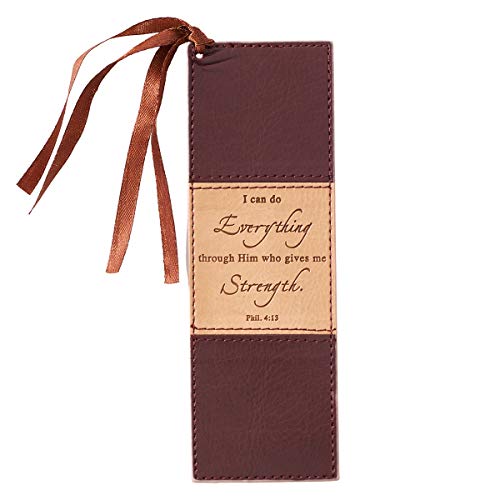 Christian Art Gifts Brown Faux Leather Bookmark | I Can Do Everything - Philippians 4:13 Bible Verse Inspirational Bookmark for Men and Women w/Satin Ribbon Tassel