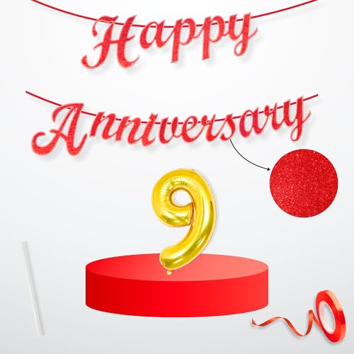 Image of Flyloons 9th Happy Anniversary Banner Red Decorations Kit for Men Women Wedding Anniversary Banner Items without Balloons