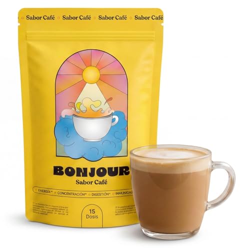 BONJOUR – Café con Hongos Lion's Mane, Chaga, Cordyceps, Plantas Adaptógenas Ginseng y Vitaminas B12, D3, E, K2 – Zinc, Selenio, Fibra, Sin Azúcares, Vegano – Elaborado en Francia – 15 Porciones