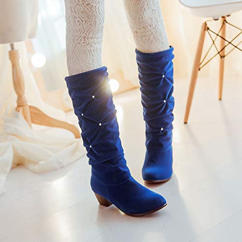 MIOKE Women's Fashion Slouch Mid Calf Riding Boots With Rhinestone Round Toe Suede Cozy Low Heel Dress Boots4