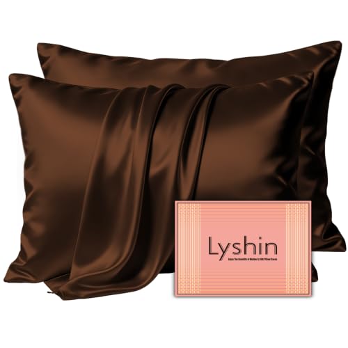 Image of LYSHIN Silk Pillow Cases 2 Pack King Size with Zipper, Brown | 19 Momme Mulberry Silk Pillowcase for Skin and Hair, Anti-Acne, Hypoallergenic, Cooling, Beauty Sleep, Gifts for Women
