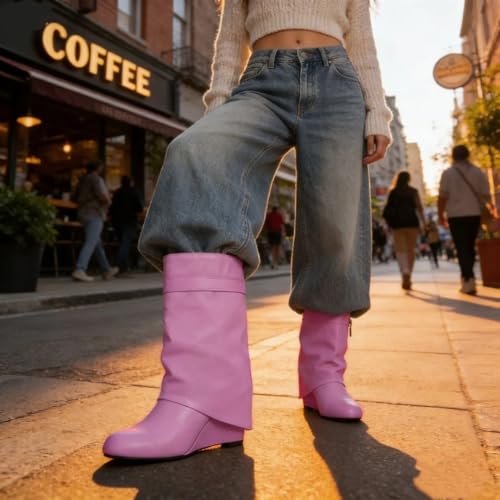 Image of keleimusi Fold Over Wedge Boots Heeled PadLock Pant Knee High Shoes Tall /Short Booties in Black
