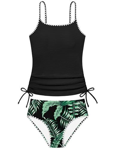 Image of Girls Tankini Swimsuit 2 Piece Set Unique Edge Girl Bathing Suit with Drawstring + Swim Briefs Swimwear Set for 9-16Y