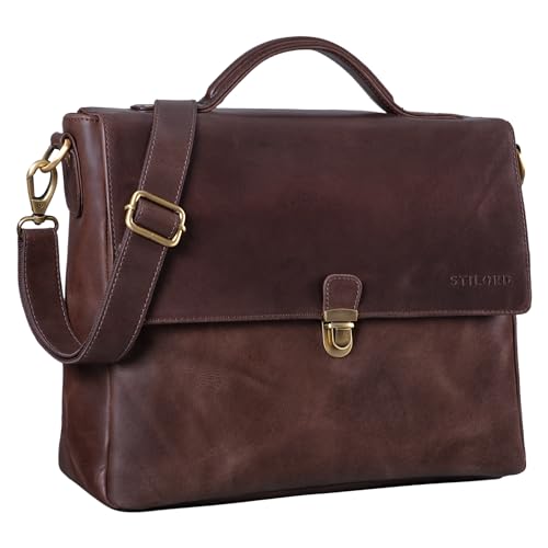 STILORD 'Chase' Ledertasche Aktentasche Vintage Umhängetasche Business Tasche für DIN A4 Dokumente Klassische Bürotasche Trolley aufsteckbar aus echtem Leder, Farbe:lyon - braun