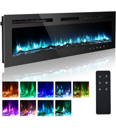 M.C.Haus Ultradünner Elektrischer Kamin, Geräuscharm, 12 Verschiedene Flammen, Versenkte Wandmontage, Glas-Touchscreen und Fernbedienung, mit Kristall und Holzscheit(178cm/70inch, Schwarz)