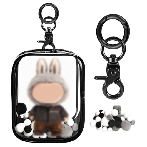 ぬいぐるみポーチ 15cmサイズ対応 ぬいポーチ 全透明PVC収納ケース 防水防塵 ジッパー閉め 推し活グッズ ポンポンボール&キーホルダー付き 人形の保管場所 (15cm対応-黒)
