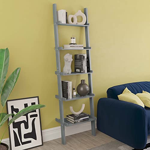 Vida Designs York 5 Tier Ladder Bookcase - Leaning Shelf Display Storage Unit with Open Shelves - Modern Bookshelf for Living Room, Bedroom or Home Office - Grey - H 189 x W 56 x D 32.5 cm