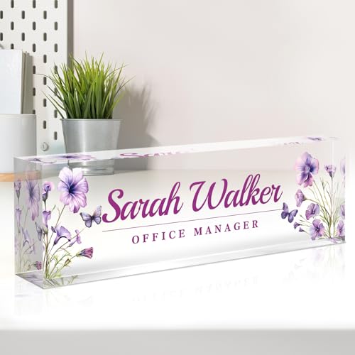 Image of Name Plate for Desk, Desk Name Plate Personalized, Office Decor for Women Men, Acrylic Desktop Accessories, Office Appreciation Gifts for Boss Social Workers Nurse Teacher Employee (Purple)