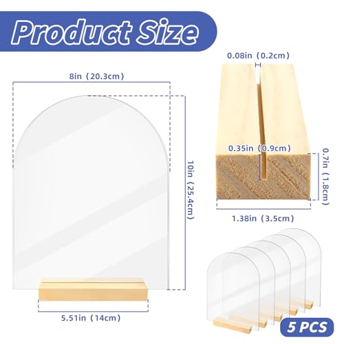 Image of Bercoor 5 Pack 8x10 Inch Blank Clear Arch Acrylic Sign with Wooden Stands, Arched Round Top Acrylic Sheet, Arch Table Numbers for DIY Name Card Gifts Event Party Sign Decoration