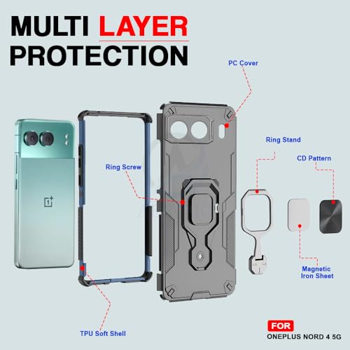Image of AESTMO Armor Back Cover for OnePlus Nord 4 5G | Ring Holder & Kickstand & Camera Protection in-Built | 360 Degree Protection Back Case Cover (Black)