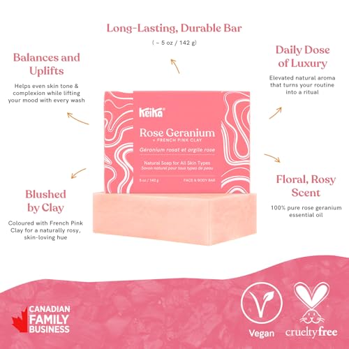 Image of Keika Rose Geranium Soap Bar with French Pink Clay for Face & Body, Natural Balancing Spa Bath & Shower Cleanser, 5 oz.