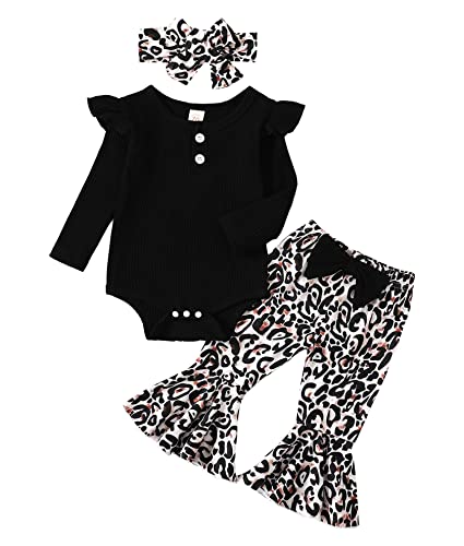 Image of ADXSUN Newborn Baby Girl Clothes Ribbed Ruffled Romper+Striped/Cow/Leopard Flared Pants Infant Outifts 0-18 Months