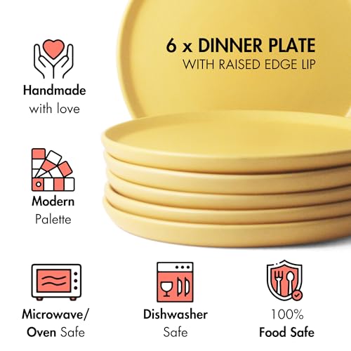 Image of Ceramic Dinner Plates, 6 Pcs | Rim Plate for Easy Eating | Microwave, Oven, Dishwasher Safe | Set of 6 Ceramic Plates for Dinner | Handmade | (Aamras Yellow, Set of 6 Dinner Plates)