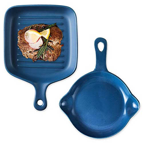 LZYMSZ 2PCS Ceramic Plate With Handle, Porcelain Baking Dish, Perfect Package Dual-Purpose Plates for Side Dish, Dessert, Cheese (Blue)