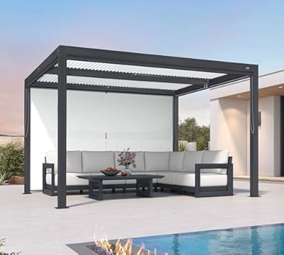 PURPLE LEAF 10' x 12' Louvered Pergola with Side Shades Outdoor Aluminum Pergola with Hidden Drainage System Patio Hardtop Small Pergolas for Deck Porch Garden, 1 Long Side