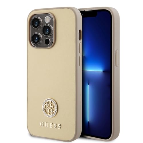 CG MOBILE Guess Coque PU avec Logo en métal 4G Strass pour iPhone 15 Promax Doré