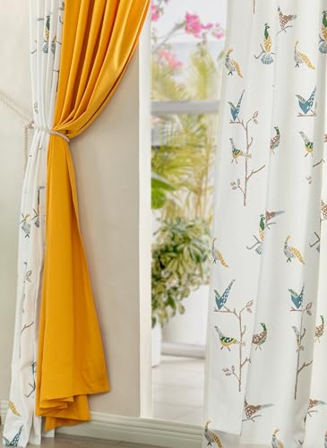 Image of Tranquebar Curtain Co. Window Curtains 5 Feet, 60-65% Room Darkening, Multicolor (Blue, Yellow) Bird Print, Cotton Curtains for Window, BackTab Loops, Design Shiri Yellow Combo (152 cm) - Set of 3