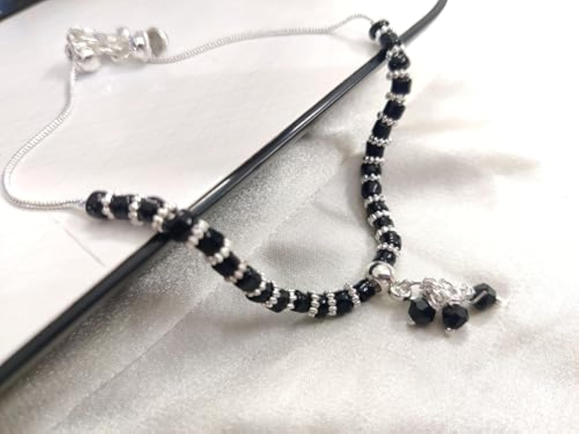 Women's Black Beaded Nazariya Anklet Pair with Silver-Plated Chain