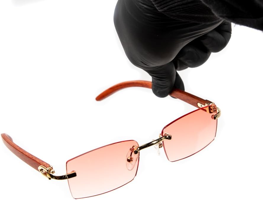 Men Women Rimless Gold Frame Hot Pink Rectangle Unisex Vintage Woodgrain Shades 90s Old School Cool Hip Hop Frameless Retro Trendy Sunglasses - Image 2