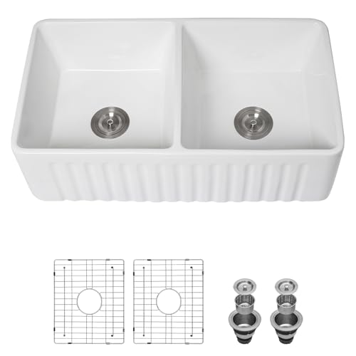 Yurshen 33 Inch White Fireclay Farmhouse Sink 50/50 Double Bowl Apron Front Ceramic Kitchen Sinks Extra Large Country Barn Style Farmer Sink Basin, 33'X18'X10' #YSAC0201