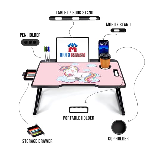 Image of Foldable Wooden Laptop Bed Tray Table, Multifunction Lap Tablet Desk with Cup Holder, for Eating Breakfast, Reading Book, Working, Watching Movie on Bed (Unicorn)