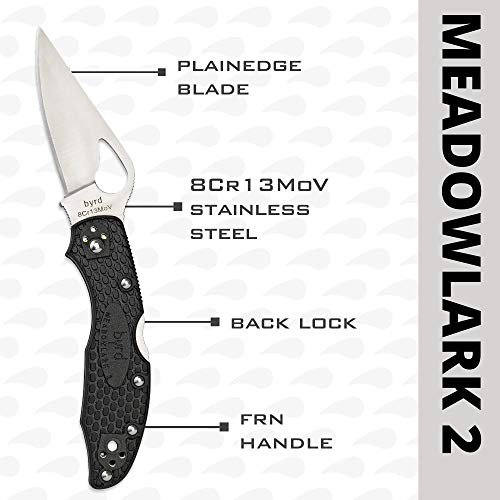 Image of Spyderco Byrd Meadowlark 2 Lightweight Folding Pocket Knife, PlainEdge | Black, 6.9 inch Overall Length, 2.97 inch 8Cr13MoV Steel Blade, FRN Handle, Back Lock, Full-Flat Grind