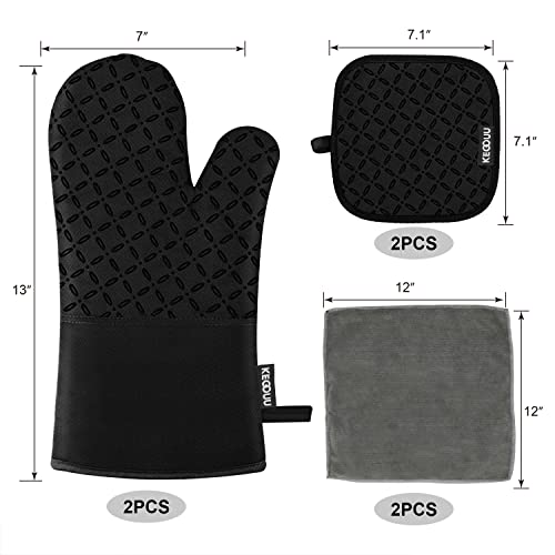 Kegouu Oven Mitts And Pot Holders 6Pcs Set, Kitchen Oven Glove High Heat Resistant 500 Degree Extra Long Oven Mitts And Potholder With Non-Slip Silicone Surface For Cooking (Black) #TOP1